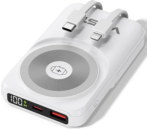 Power Bank USB-C 10.000 mAh Blanco – Powerbank inalámbrica magnética (20W), cargador para reloj 2,5 W, carga rápida 22,5 W QC & 20 W PD, cable integrado y entrada Type-C,soporte de aluminio para móvil