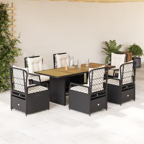 IKAYAA Rattan Essgruppe für 6 Personen, Rattan Gartenmöbel Essgruppe mit Tisch Holz und 6 Verstellbare Hochlehner Stühlen, Garten Sitzgruppe für Terrasse und Balkon, inkl. Sitzkissen Schwarz