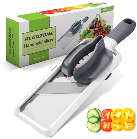 Premium Grip Handheld Mandoline for Kitchen - Adjustable 3-Function Thickness, Safety Hand Guard, Multi-Purpose Vegetable Chopper & Fruit Cutter, Cheese Slicer, Onion Potato Salad Food