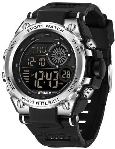 GBB Mens Watches Waterproof for Sports Digital Military Watches for Men with Alarm/Stopwatch Watch LED Back Light Casual Watch for Men (Black Silver)