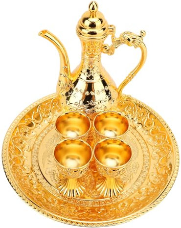 Vintage Turkish Coffee Pot with 4 Coffee Cups, Metal Turkish Tea Set Including Craft Tea Tray Teapot for Wedding, Exquisite Luxurious Metal Teapot Tea Tray for Home (Gold)