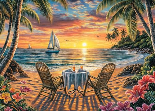 Beach Dinner Jigsaw Puzzle 1000 Teile Erwachsene Sailboat Palm Trees Flowers Puzzle Erwachsene 1000 Teile Puzzles