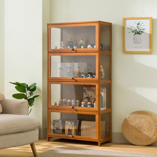 Curio-Schrank mit Acryltür, Bambus-Vitrine, braunes Glasschrank für Wohnzimmer, Büro und Küche – stilvolle 70 x 32 x 140 cm Aufbewahrungslösung
