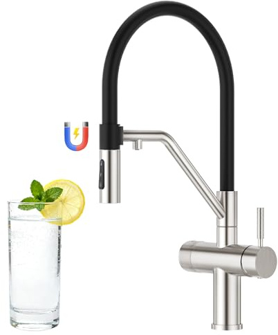 Faustina 3 Wege Küchenarmatur abnehmbar, Doppelhebel Armatur Wasserhahn Küche mit Trinkwasser Osmosesystem Spültischarmatur mit Schwarzer flexibler Silikon Weichschlauch