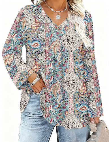 IECCP Chemisier à manches 3/4 roulées et col en V pour femme - Grande taille - Décontracté - Tendance - Manches longues - Tunique ample (1X-5X), Bohemia, XL