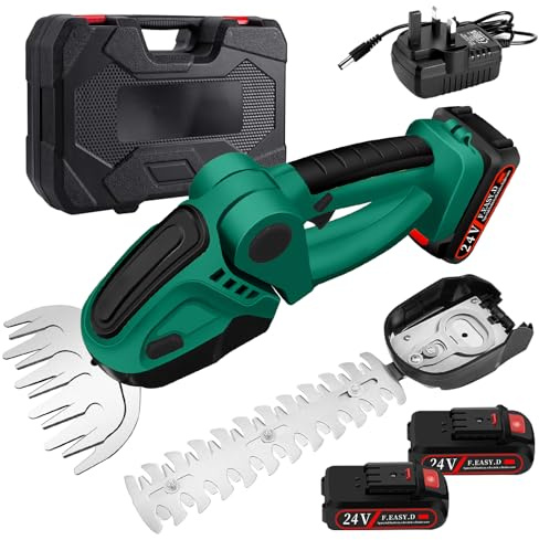 Cordless Hedge Trimmer with Storage Case, 24V 2 in 1 Electric Hedge Trimmer and Grass Shear, Complete Kit with 2 x 1500mAh Batteries & Charger, 90° Adjustable Head for Garden, Lawn, Shrub Trimming
