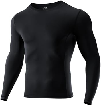 Niksa Men's Compression Long Sleeve T Shirt Muscle Fit Gym Top, 1 or 2 Packs Breathable Quick Dry Base Layer for Running Training Cycling Work, Slim Crew Neck Active Wear Clothes