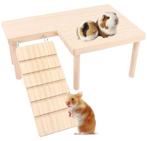 QuixingArt Hamsterplattform, Hamsterständer mit Leiterbrücke, Haustierplattform aus Holz, Kletterplattform für Kleine Haustiere, Trainingsspielzeug, Zubehör