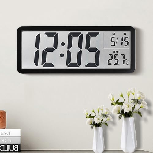 Jonuin Digital Wall Clock, 8'' LCD Digital Wall Clock with Time, Temperature, Date Display, Battery/USB Operated Wall Clocks for Living Room, Bedroom, Kitchen, Desk (Black)