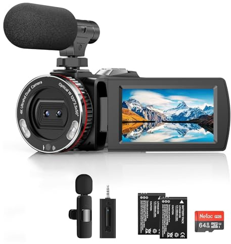 Caméscope 4K, caméra de vlogging 64 MP 30 fps avec microphone sans fil pour YouTube, écran rabattable ultra HD de 7,6 cm, zoom numérique 21x avec carte SD de 64 Go, télécommande et 2 batterie
