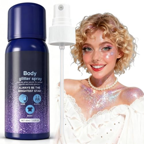 Glitzer Spray für Haare und Körper, 60ml Body Glitter Spray – Schnelltrocknend & Langanhaltend, ideales Glitzerspray Haare für Karneval, Festival & Party, Festival Zubehör Must Haves (60ML Spray)