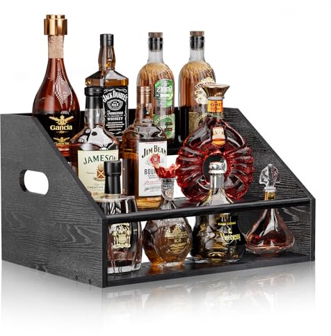Vecxoty 3 Tier Wood Liquor Bottle Display Shelf, Coffee Syrup Organizer Rack, Wine Racks Countertop, Bar Shelf for Vodka Tequila Whiskey, Liquor Cabinet for Home Decor, Mini Bar, Black Bar Organizer