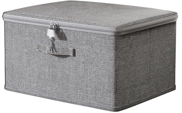 ACESOME Key Lock Storage Box, Collapsible Storage Box with 4 Keys, Grey Storage Boxs with Lid, Fabric Closet Organizer for Bedding, T-shirts, Medicines (38 × 25.5 × 16 cm)