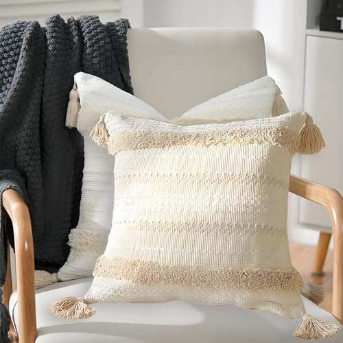 Boho Kissen 50x50cm 2er Set,Beige Flauschige Kissenbezug mit Tuftquaste | Baumwolle Zierkissen,Sofakissen,Dekokissen Hülle für Sofa Couch Wohnzimmer, Outdoor & Indoor Deko(Beige,50x50cm)