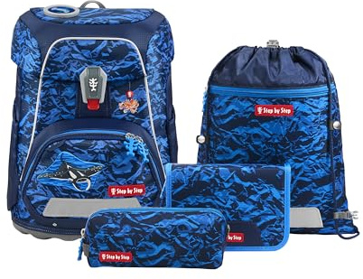 Step by Step Schulranzen-Set FIT „Manta Rio“ 5-teilig, blau, Unterwasser-Design, ergonomischer Tornister mit Reflektoren, höhenverstellbar mit Hüftgurt für Jungen ab der 1. Klasse, 19L