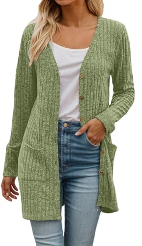 Generisch 2026 Manteau pull à manches longues ouvert sur le devant pour femme Haut en tricot doux brossé rayé pour l'hiver Vêtements décontractés, Vert, L