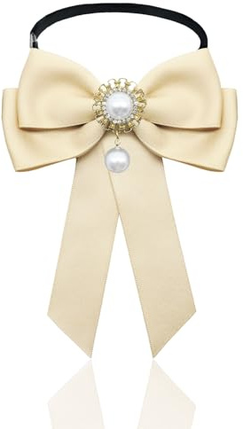 Gsyziux Bow Ties for Girls, Adjustable Pre-tied Kids Bow Tie with Pearls Solid Color Womens Bowtie for School Uniform Wedding (Champagne)