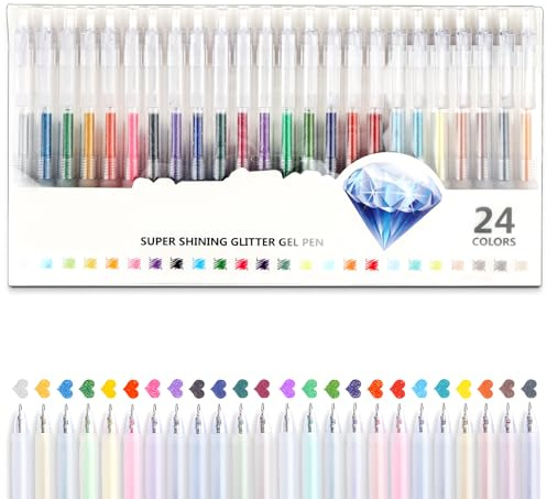 MOTIBACK Glitzer Gelstifte 24 Farben Set, Glitzerstifte, Metallic Leuchtende Glitzerstifte zum Malen und Basteln, Für Fotoalbum, Scrapbooking, Gästebuch und DIY Geschenke
