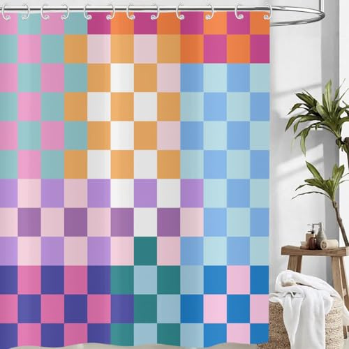 Hnmdmyi Cortina de Ducha a Cuadros 180x200, Colorido Geométrico Moderno Arcoíris Minimalista Groovy Estética Simple Cortina de Baño Lavable de Tela de Poliéster Impermeable
