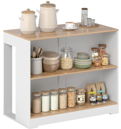 HOMCOM Mesa de bar, mesa alta de cocina de 3 niveles con 2 compartimentos abiertos, tablero efecto madera natural, para comedor y cocina, 113 x 60 x 90 cm, blanco