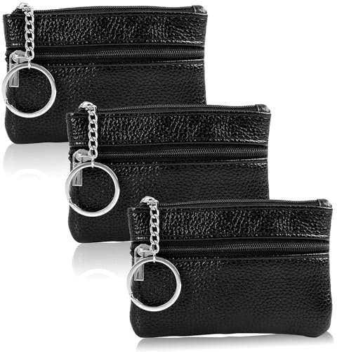 3 PCS Schlüsseletui Leder mit 2 Fächern, Kleine Schlüsseltasche Leder klein als Autoschlüssel Hülle, Mini Tasche und Schlüssel Organizer, Unisex für Damen und Herren, Schwarz