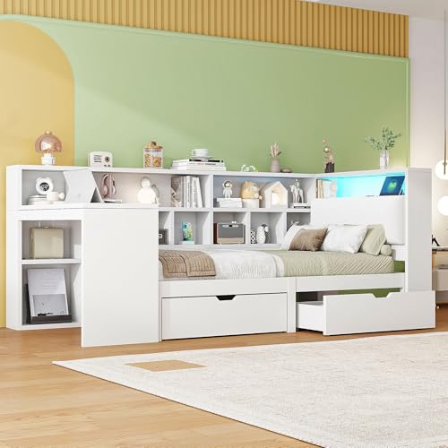 Gxffipw Tagesbett Kinderbett 90x200 cm mit LED Licht und Schreibtisch, Schlafsofa Jugendbett Bett mit Stauraum und Schubladen, Einzelbett Holzbett Bettgestell mit Lattenrost, Weiß, Ohne Matratze ﻿