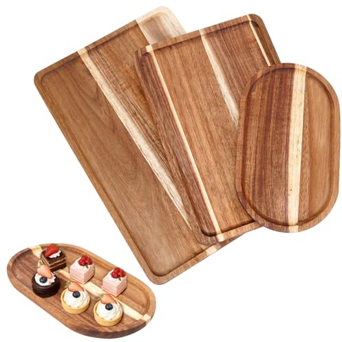 EazyBreezy 3 Pcs Acacia Wood Serving Trays Solid Wooden Platters Rectangle & Oval Charcuterie Cheese Board for Display Fruit Snacks Home Decor - 3 Sizes, 30cm & 25 cm & 20cm