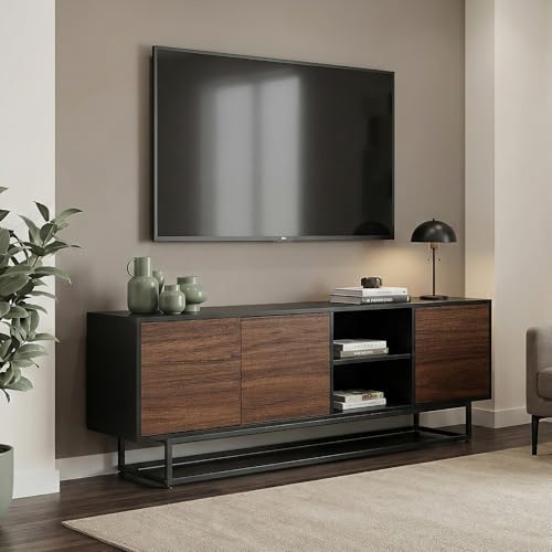 [en.casa] Lowboard Boxholm mit 3 Türen 160x30x57 cm Schwarz/Walnussoptik | Sideboard, TV Schrank, Push-to-Open Kommode, 2 Fächer, Metallgestell, verstellbar, für Wohnzimmer, Esszimmer, Büro, Flur