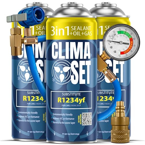 ClimaSet - 3 recargas de Aire Acondicionado 3 en 1 R 1234yf, Aceite, sellador de Fugas, 1 Manguera y 1 Adaptador - Kit de Recarga de Gas para Aire Acondicionado para Automóviles - 510 g