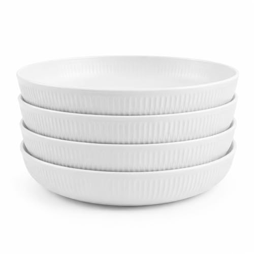 M.J COMFY-LIFE Pasta Bowls Large Unbreakable Plastic Serving Bowls Lightweight, Dishwasher Safe Deep Cereal Bowls for Pasta, Salad, Rice – Ideal for Everyday Use & Family Dining (White, 4-Pack)