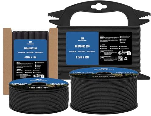 Manco Element Paracord 2mm 15m Cuerda Nylon 3 Hebras Tipo I Cordino | Negro, 100% Nylon, Capacidad de 90kg (200lbs), Ideal para Bricolaje, Al Aire Libre, Camping, Bobina