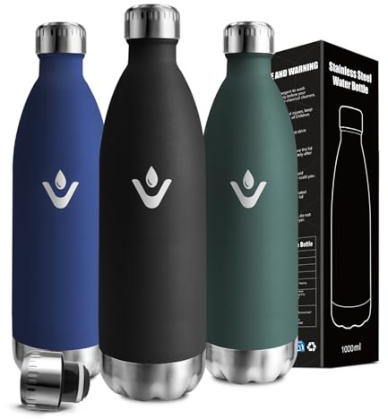 Botella Agua Acero Inoxidable, Botella Termica 1 litro, A Prueba de Fugas, Cantimplora sin BPA, Aislamiento al Vacío, Cantimplora para Senderismo, Cámping, Gimnasio, Escalada, Pilates