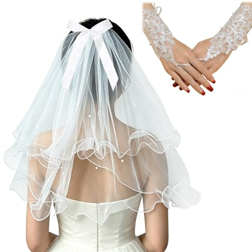 BSITSSS Voile de Mariage Mariée avec Gants,2 Couches Tulle Blanc 70 cm avec Nœud Perles,Voile Evjf avec Peigne pour Fêtes Bride to Be Douche Nuptiale Mariage Jeux de Rôle Photographie