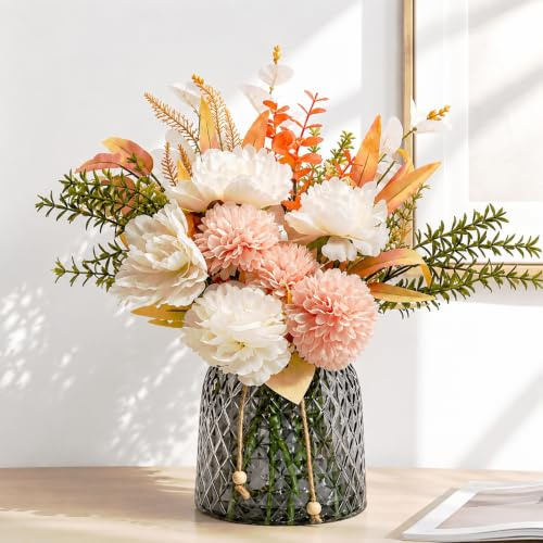 Flores Artificiales Decoracion con Jarrón de Cristal, Ramo de Flores Artificiales de Seda con Pivoines Pompons Eucalyptus, Centro de Mesa Moderno para Salon, Comedor, Dormitorio, Oficina y Hogar