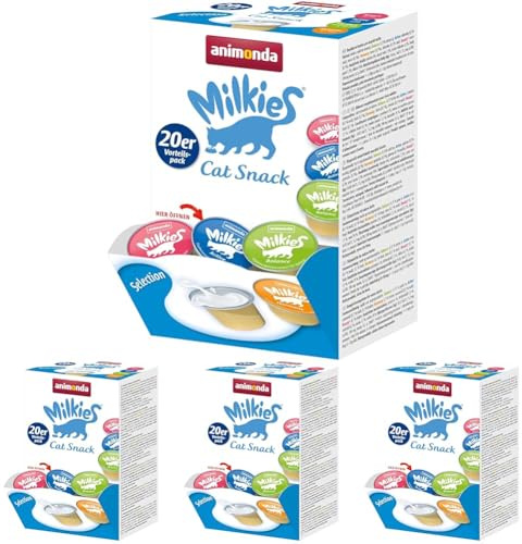 animonda Milkies Katzensnack mit Milch - Cups Selection Mixpack (20 Cups à 15 g), leicht verdauliche Katzenmilch für Erwachsene Katzen, Milch-Snack ohne Soja und Zucker (Packung mit 4)