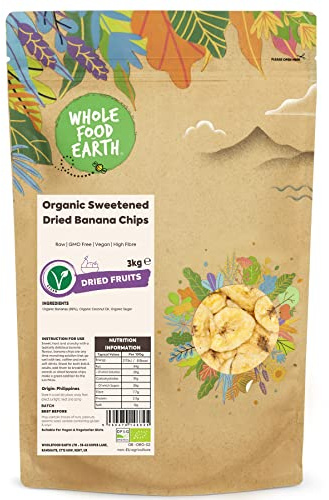 Wholefood Earth Organic Sweetened Dried Banana Chips – 3 kg | Raw | GMO Free | Vegan | High Fibre | Certified Organic