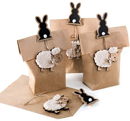 Logbuch-Verlag 4 kleine Ostertüten Geschenktüten Ostern 16,5 x 6,5 x 16 cm mit Schaf Anhänger und Klammer Osterhase Hase