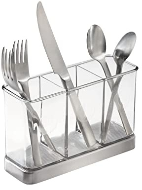 mDesign Cutlery Holder Modern Cutlery Basket for The Kitchen Table, Pantry or Cupboard Kitchen Storage with 3 Compartments Clear/Chrome