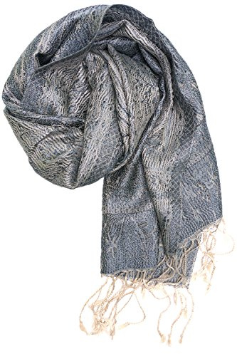 Sciarpa in 100% seta Pashmina dall'India per donna e uomo, motivo Paisley, 160 x 35 cm - fazzoletto in seta pura, grigio 2