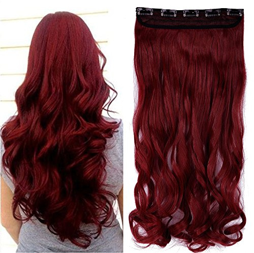 SEGO Haarteil Clip in Extensions 1 Tresse 5 Clips Haarverlängerung Gewellt Maroon Mix Dunkelrot 24(61cm)-120g