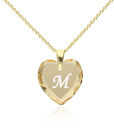 Damen Ketten mit Gravur 925 Silber vergoldet, SWAROVSKI ELEMENTS Herz Anhänger Farbe Golden Shadow Buchstabengravur  M , Herzkette als Geschenk für die Frau, Freundin oder zum Valentinstag