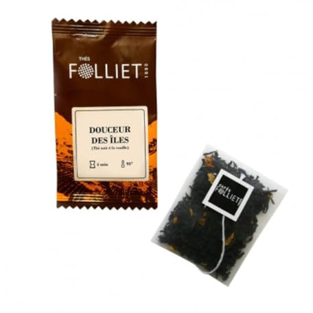CAFÉS FOLLIET - Thé Noir - Douceur des Iles - Arômes de vanille - Fleur de tournesol - Énergisant - Sachets d'origine végétale- 24 Sachets