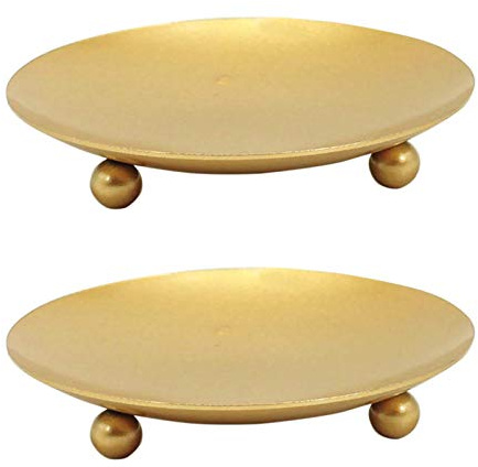 YYaaloa 2 Pack Gold Decorative Iron Plate Candle Holder 4.33'' Candle Stand Candle Plate for LED & Wax Candles, Incense Cones, Spa, Weddings (Gold-2 Pack)