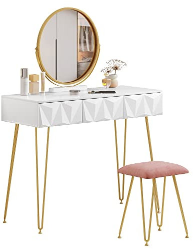 EUGAD Schminktisch mit Spiegel und Samt-Hocker, Frisiertisch mit 3 Schubladen, mit 3D Effekt, Modernes Design, Tischplatte Hochglanz 100 cm, Einfache Montage, Weiß + Golden, 0016SZT