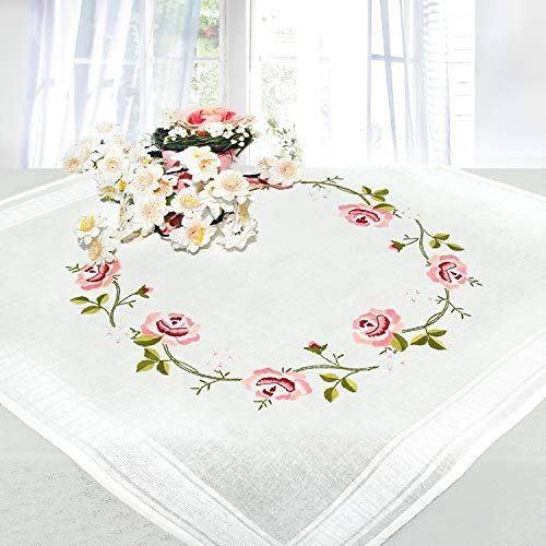 Ernst Schäfer Stickpackung ROSEN UND RANKEN, Tischdecken Set vorgezeichnet zum Sticken, Stickset mit Plattstich und Stielstich zum Selbersticken