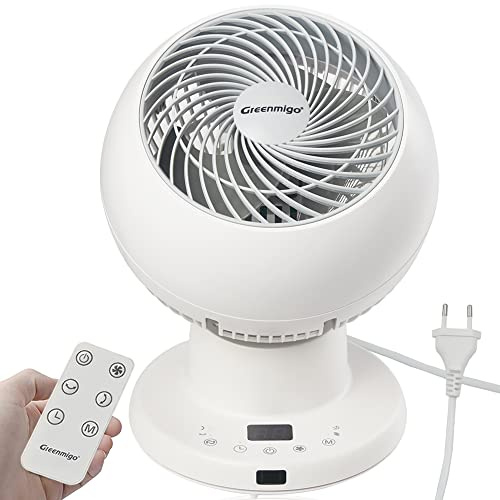 Greenmigo DC Motor Ventilator Leise - 3D Turbo Mit Fernbedienung, Tischventilator Oszillierend, 5 Geschwindigkeiten, Timer, Luftzirkulation - Für Büro, Schlafzimmer, 45m²