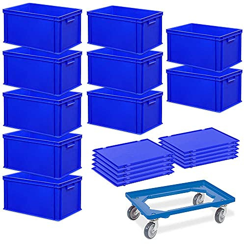 BRB 10 Euroboxen, LxBxH 600x400x320 mm + 10 Scharnierdeckel + 1 Transportroller (blau)