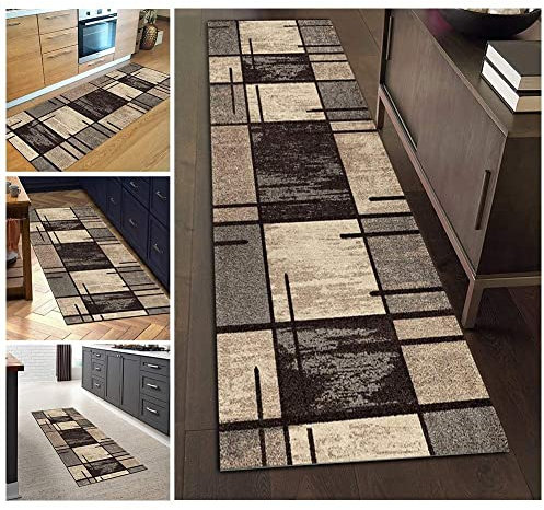 ZVEZVI Teppich Läufer Flur Küche rutschfest Waschbar Braun und Grau Geometrische Muster 50x150cm Bunter Modern rutschfest Waschbar Vintage Kücheläufer Teppichläufer Polyester Meterware Anpassbar