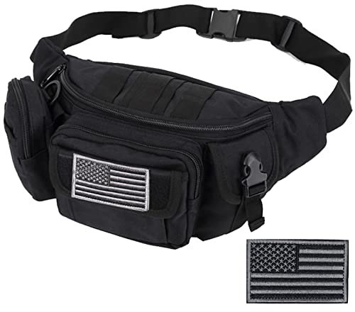 Taktische Bauchtasche, Militär-Hüfttasche, Mehrzweck-Hüftgürtel, Taschen für Wandern, Klettern, Angeln, Radfahren, Jagd, mit US-Patch, schwarz