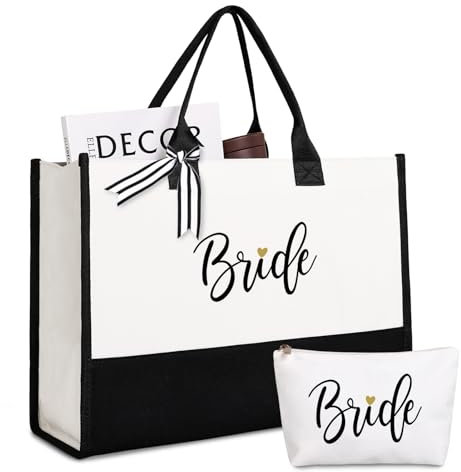 Lamyba Bride Tote Bag with Makeup Bag, Gifts for Engagement/Bridal Shower/Bachelorette/Wedding Party Black and White, schwarz und weiß, Large, Braut